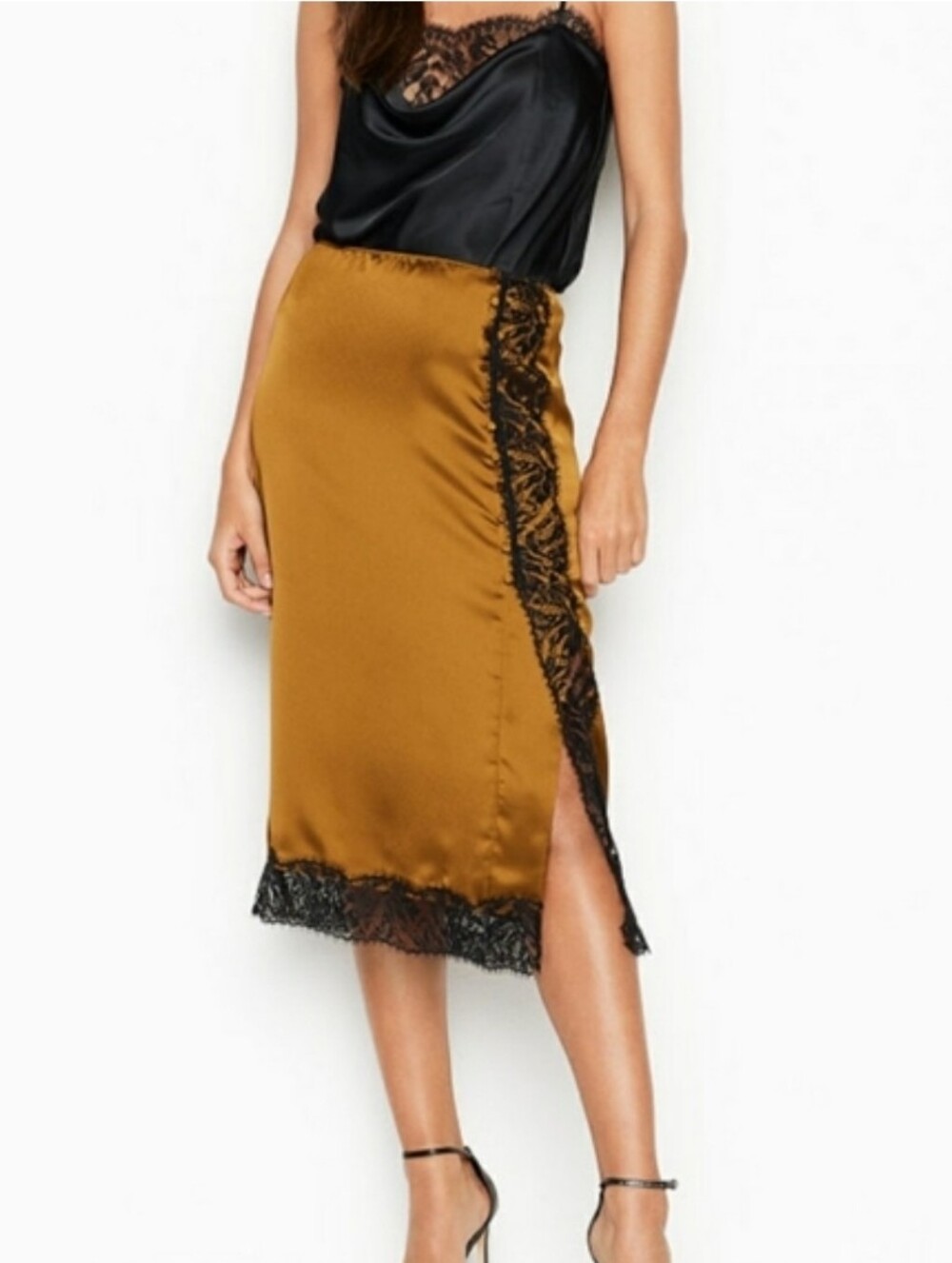 NWT Victoria's Secret Satin Slip Midi Pencil Skirt Lace Trim Button Closure XS
